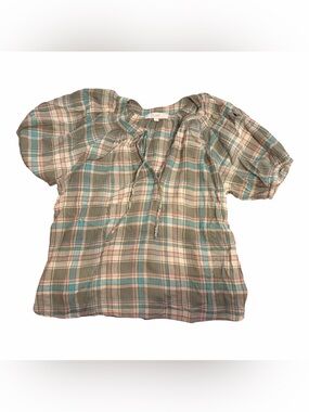 LOFT Plaid Short-Sleeve Peasant Blouse in Sage, Cream & Teal